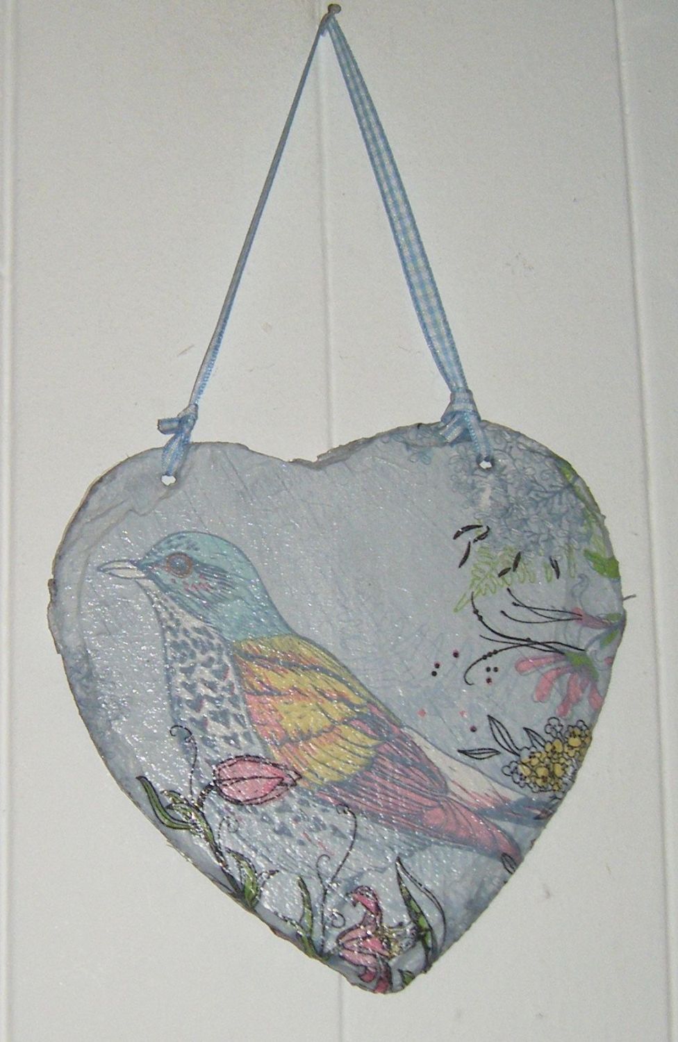 Decoupage Slate Hanging Heart - Bird Design 