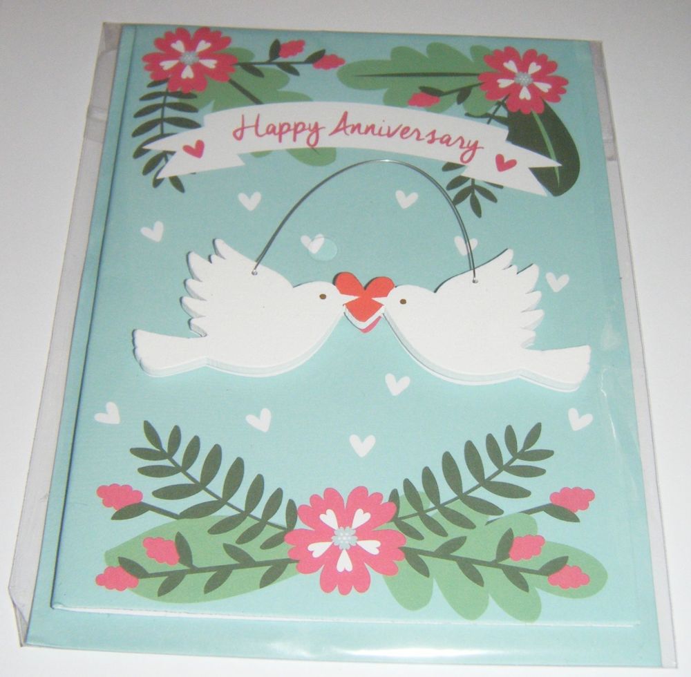 Happy Anniversary Lovebirds - Wooden Hanger Greeting Card Blank Inside