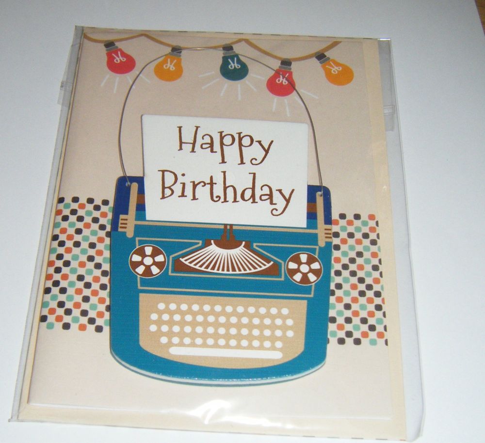 Happy Birthday Typewriter - Wooden Hanger Greeting Card Blank Inside