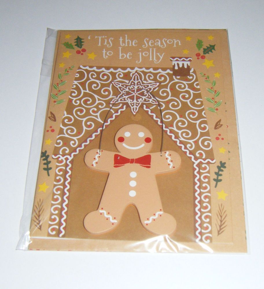 Tis the Season Gingerbread Man - Wooden Hanger Greeting Card Blank Inside