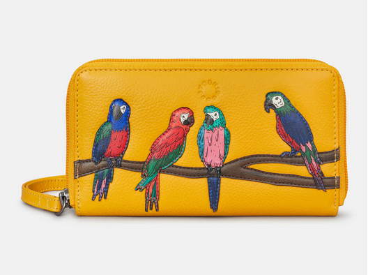 Parrots Design Yellow Zip Round Leather Purse - Yoshi
