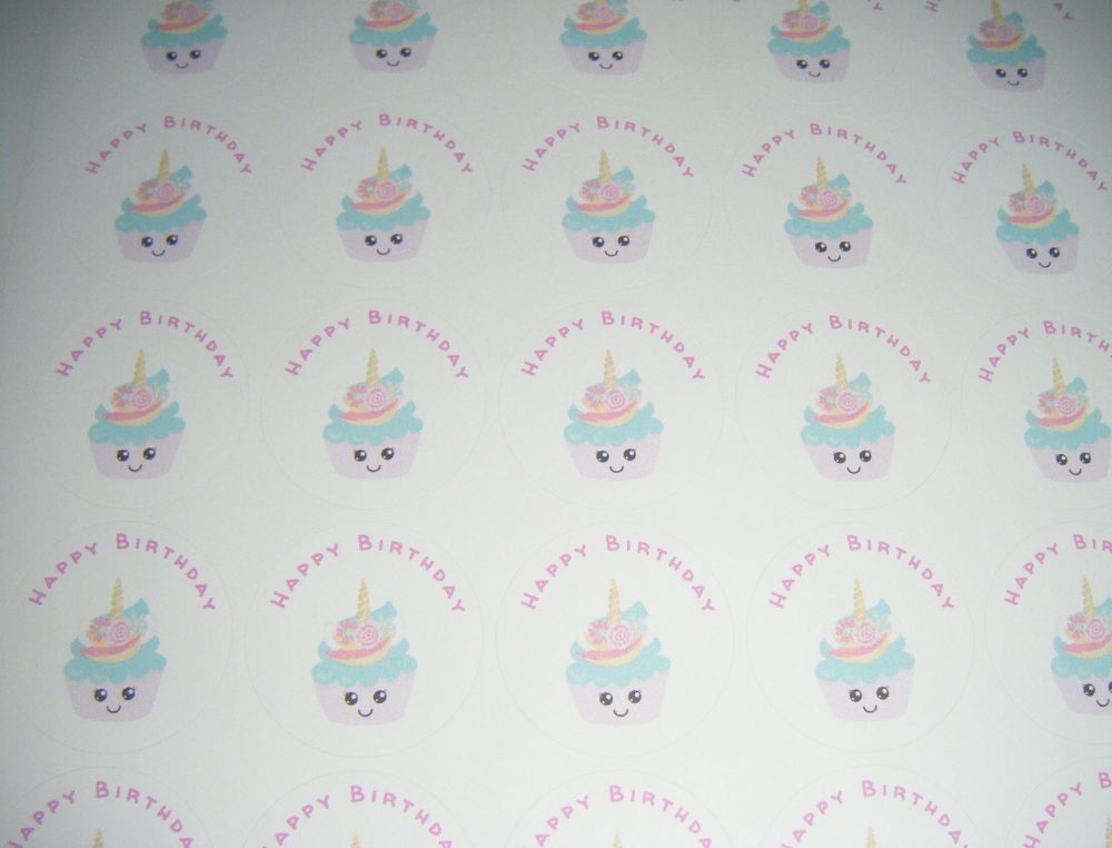 Happy Birthday Unicorn Cupcake Design Stickers