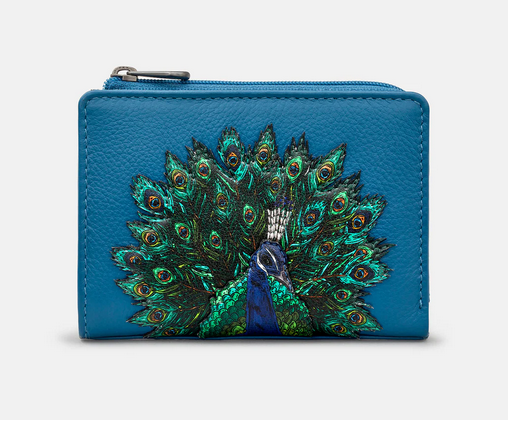 Peacock Plume Zip Round Flap Over Leather Purse - Yoshi