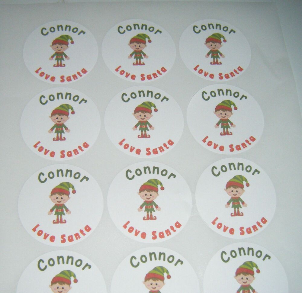 Custom Name and Elf Christmas Sheet of Round Stickers A4