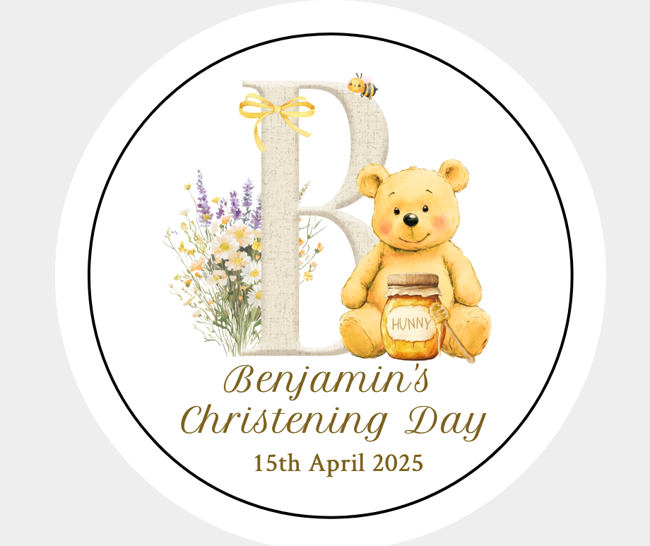 Happy Christening Day - Hunny Bear - Custom Initial Letter Stickers