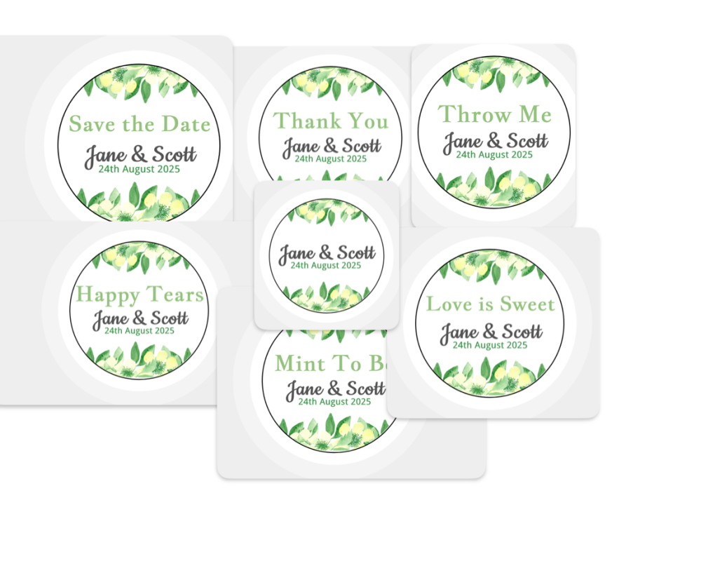 Custom Personalised Wedding Themed Floral Stickers - Green