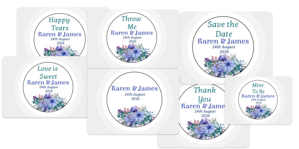 Custom Personalised Wedding Themed Floral Stickers - Blue