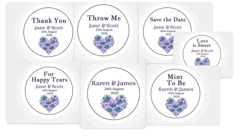 Custom Personalised Wedding Themed Flower Heart Stickers - Purple
