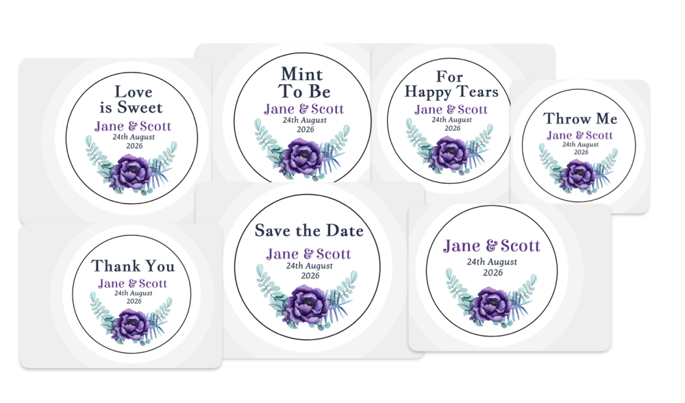 Custom Personalised Wedding Themed Floral Stickers - Purple