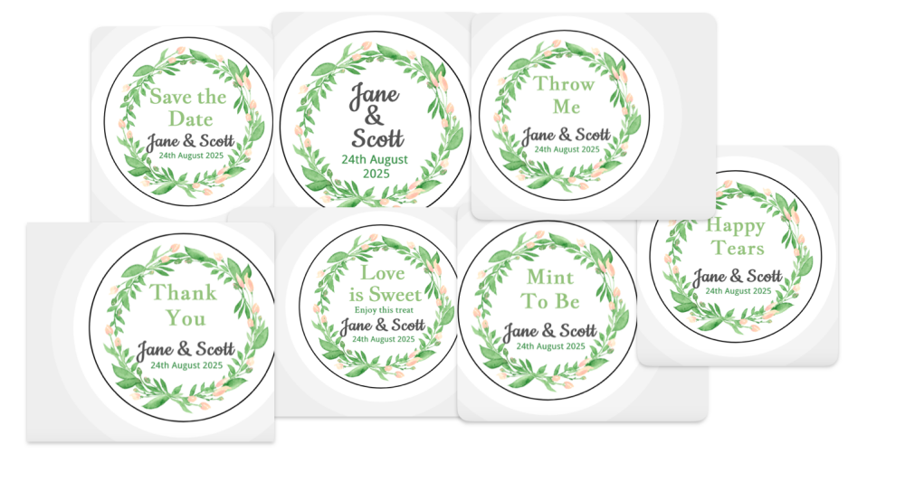 Custom Personalised Wedding Themed Floral Wreath Stickers - Green