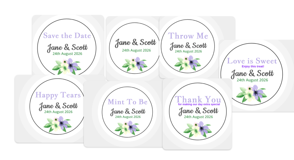 Custom Personalised Wedding Themed Floral Stickers - Lilac