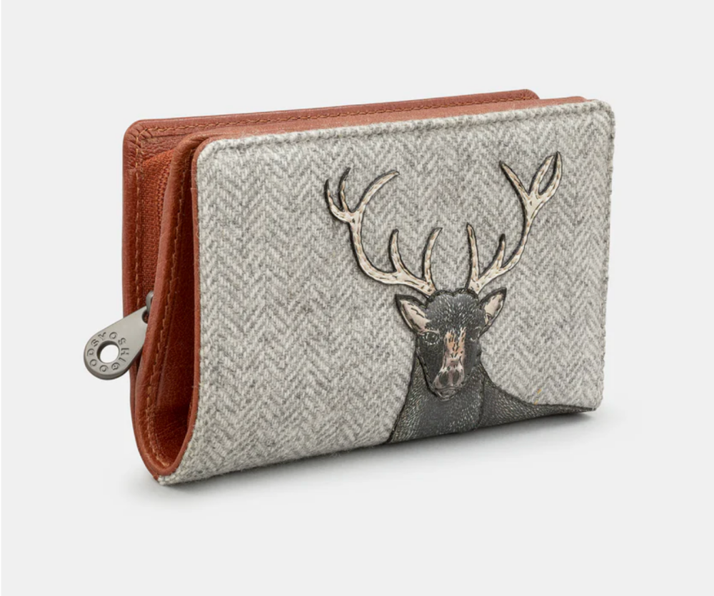 Stag Tweed & Leather Flap Over Zip Around Purse - Yoshi
