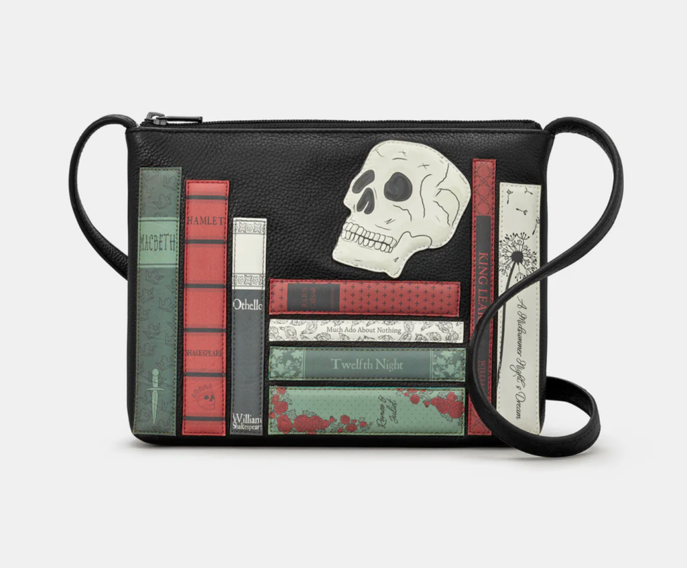 Shakespeare Skull Black Bookworm Leather Cross Body Bag - Yoshi