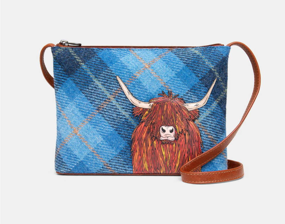 Highland Cow Blue Harris Tweed Leather Cross Body Bag - Yoshi