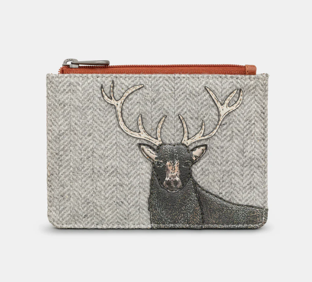 Stag Tweed and Brown Leather Zip Top Coin Purse - Yoshi