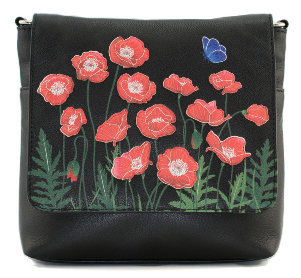 Poppy Flower Design Leather Cross Body Bag - Mala