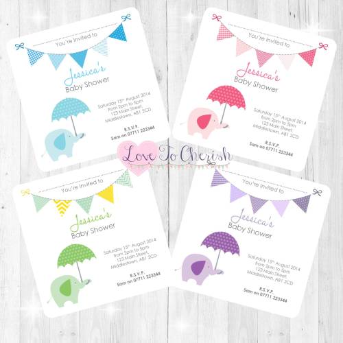 Elephant with Umbrella Baby Shower Invites