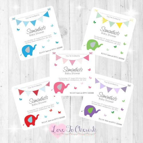 Elephant & Butterflies Baby Shower Invites