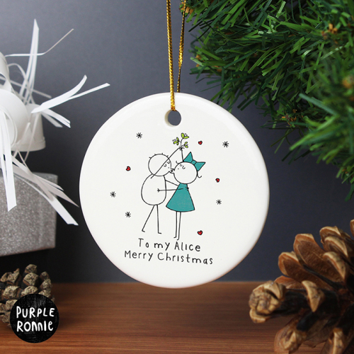 Purple Ronnie Christmas Couple Round Ceramic Decoration