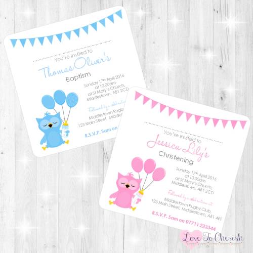 Cute Owl Christening Invites