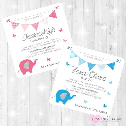 Elephant & Butterflies Christening Invites