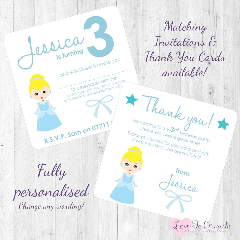 Personalised THANK YOU CARDS Cinderella//Princess Carriage Girls Birthday Party