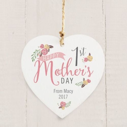 Floral Bouquet 1st Mother's Day Wooden Heart Decoration