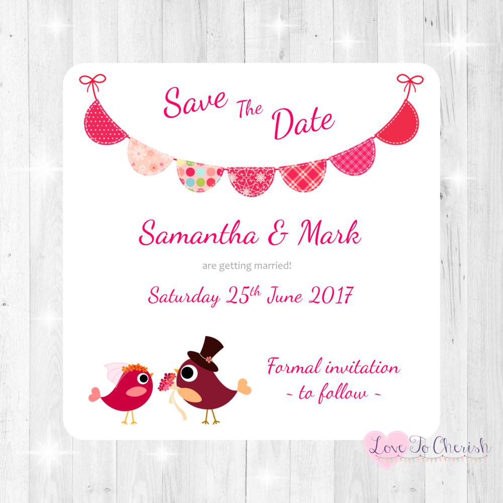 Bride & Groom Cute Love Birds & Bunting Dark Pink Wedding Save The Date Car