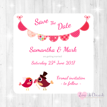 Bride & Groom Cute Love Birds & Bunting Dark Pink Save The Date Cards