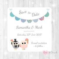 Bride & Groom Cute Owls & Bunting Green/Blue Wedding Save The Date Cards