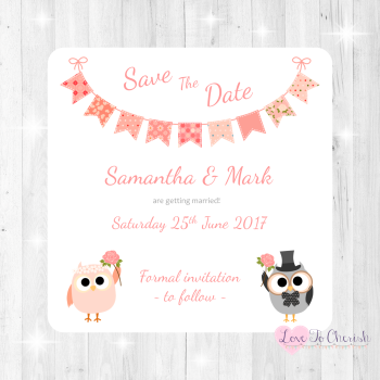 Bride & Groom Cute Owls & Bunting Peach Wedding Save The Date Cards