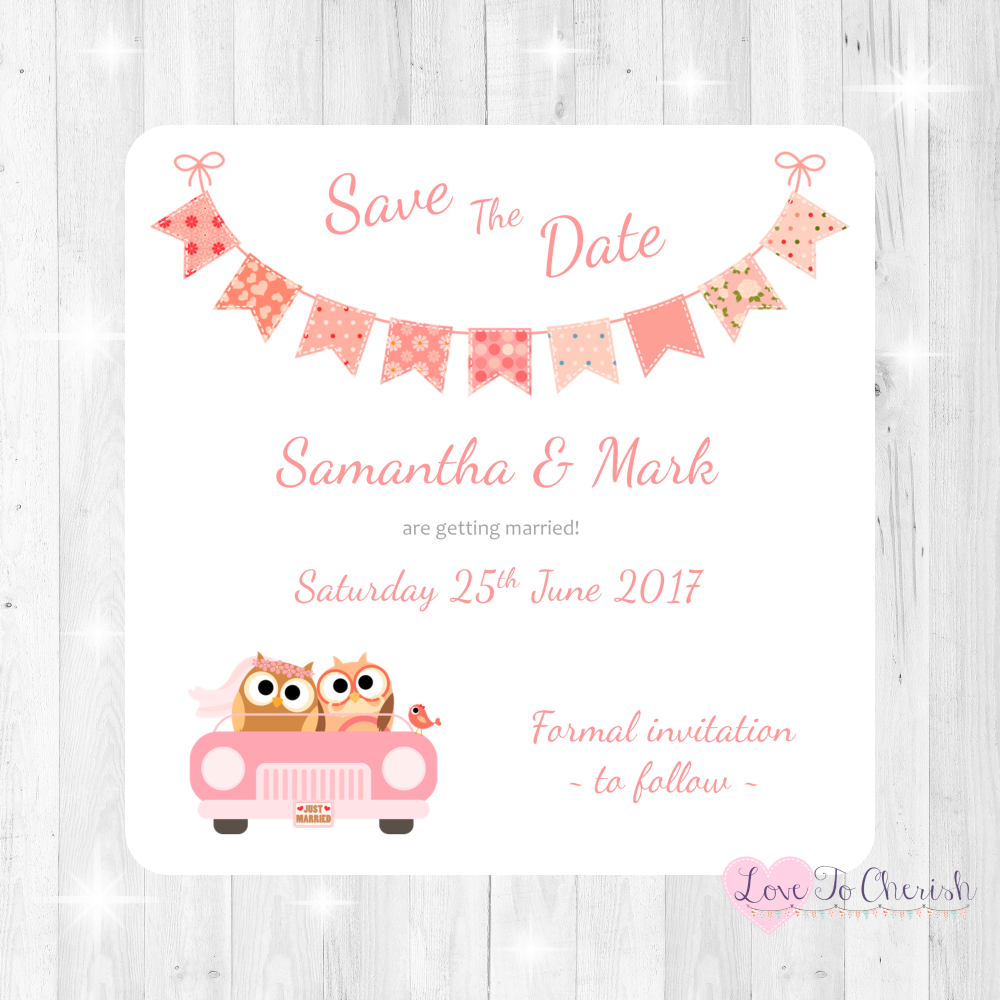Bride & Groom Cute Owls in Car Peach Wedding Save The Date Cards