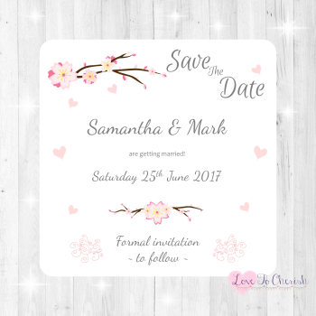Cherry Blossom & Pink Hearts Wedding Save The Date Cards