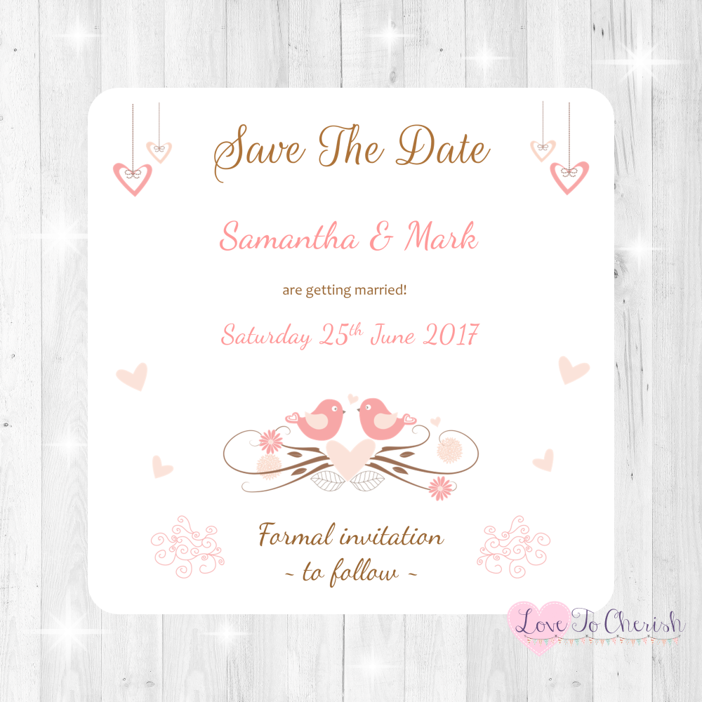 Shabby Chic Hanging Hearts & Love Birds Wedding Save The Date Cards