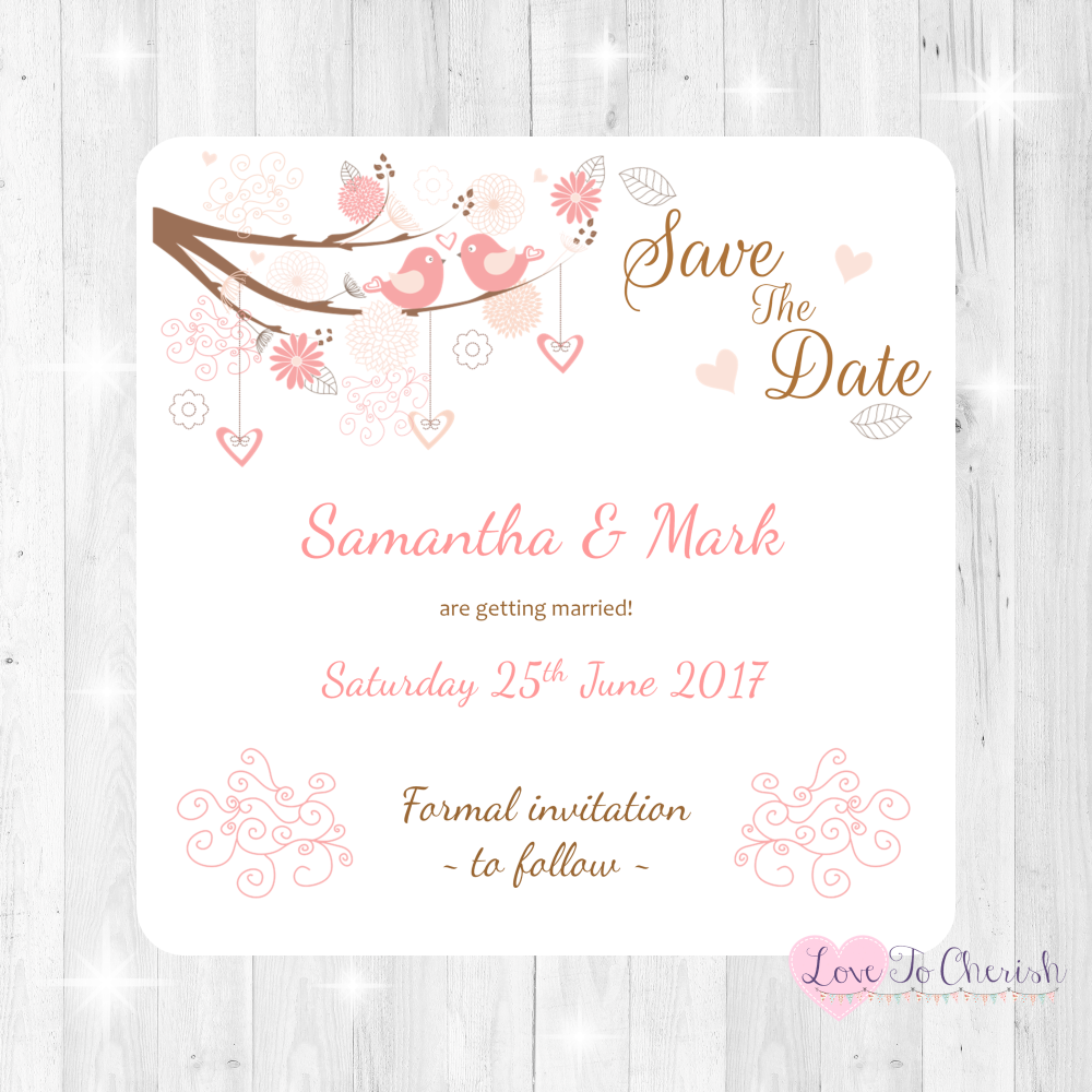 Shabby Chic Hearts & Love Birds in Tree Wedding Save The Date Cards