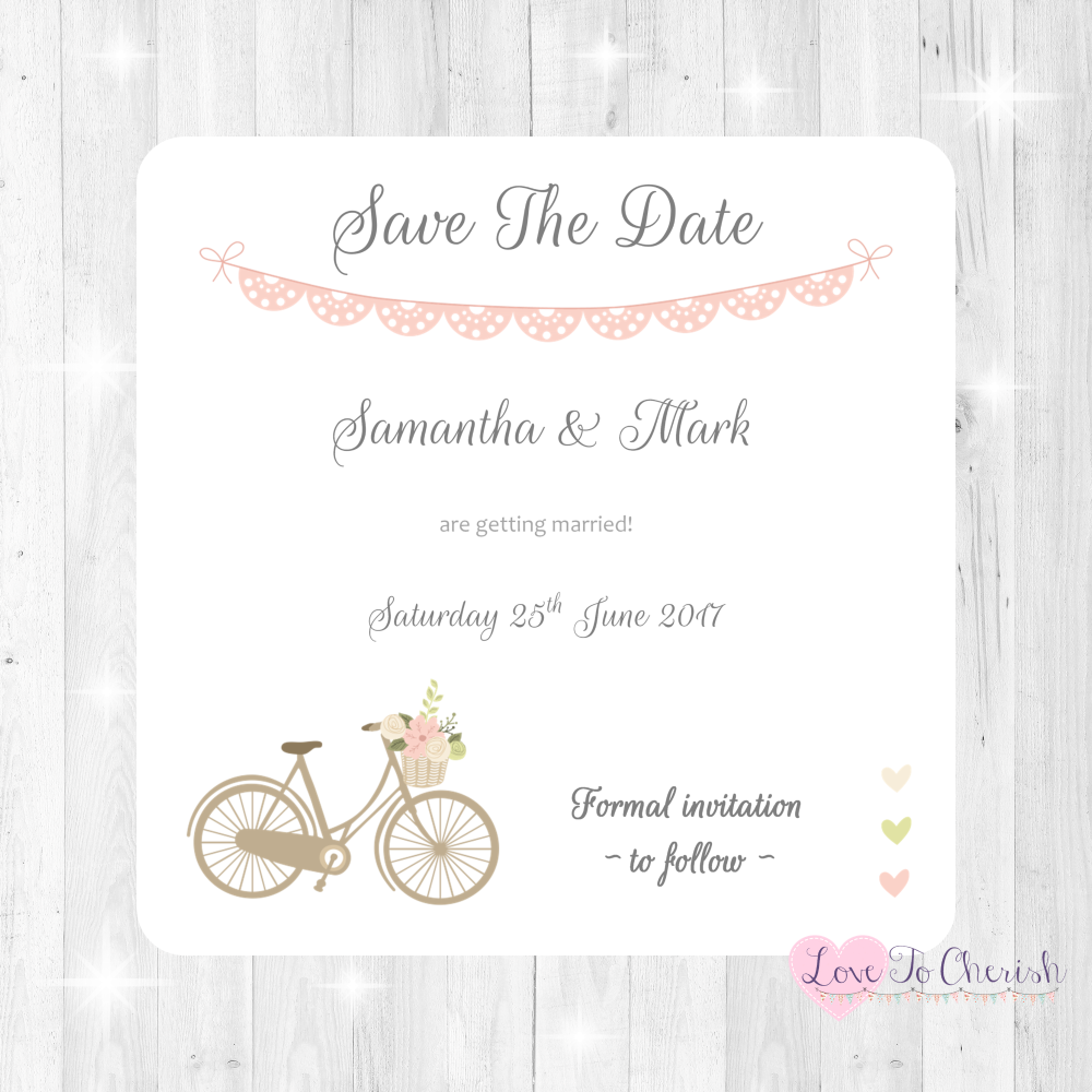 Vintage Bike/Bicycle Shabby Chic Pink Lace Bunting Wedding Save The Date Ca
