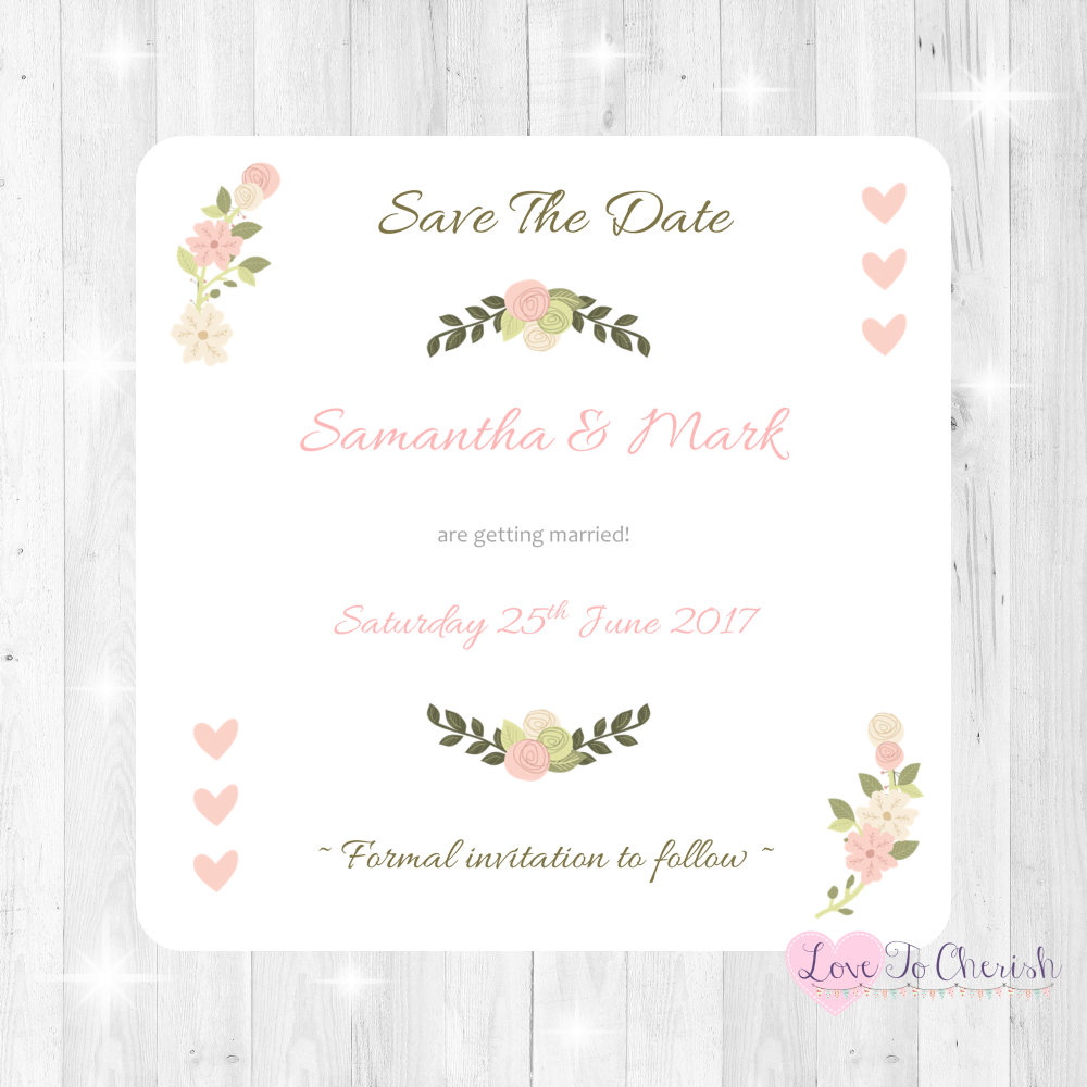Vintage/Shabby Chic Flowers & Pink Hearts Wedding Save The Date Cards