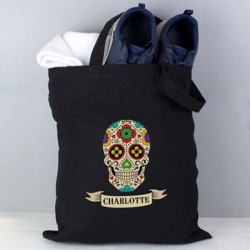 Halloween Sugar Skull Personalised Black Cotton Bag