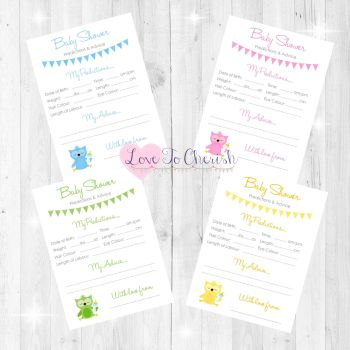 Cute Owl Baby Shower Prediction & Advice Game Cards