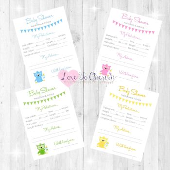Cute Owl Baby Shower Prediction & Advice Game Cards