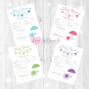 Elephant with Umbrella Baby Shower Prediction & Advice Game Cards