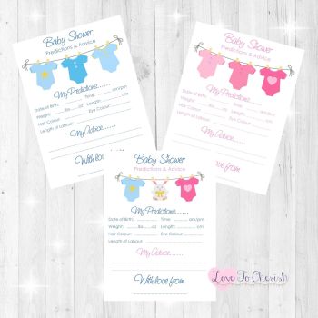 Pink & Blue Vest Line Baby Shower Prediction & Advice Game Cards