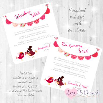 Bride & Groom Cute Love Birds & Bunting Dark Pink Honeymoon & Wedding Wish Cards