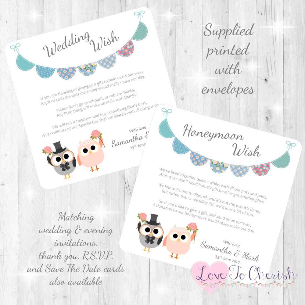 Bride & Groom Cute Owls & Bunting Green/Blue Honeymoon & Wedding Wish Cards