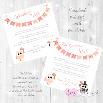 Bride & Groom Cute Owls & Bunting Peach Honeymoon & Wedding Wish Cards