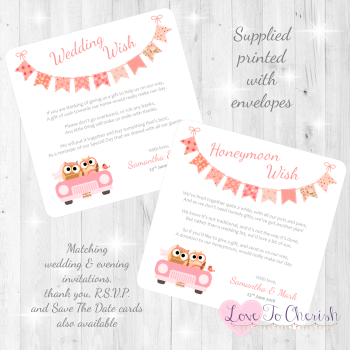 Bride & Groom Cute Owls in Car Peach Honeymoon & Wedding Wish Cards