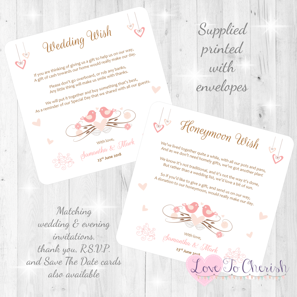 Shabby Chic Hanging Hearts & Love Birds Honeymoon & Wedding Wish Cards