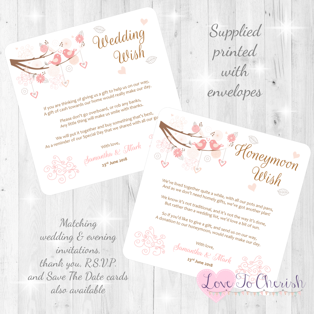 Shabby Chic Hearts & Love Birds in Tree Honeymoon & Wedding Wish Cards