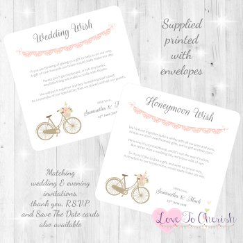 Vintage Bike/Bicycle Shabby Chic Pink Lace Bunting Honeymoon & Wedding Wish Cards
