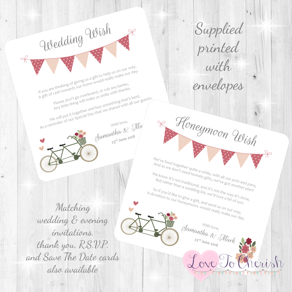 Vintage Tandem Bike/Bicycle Shabby Chic Honeymoon & Wedding Wish Cards
